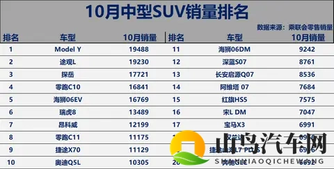 有点惨!10月中型SUV销量榜:Model Y险胜,昂科威、零跑C11破万!-1