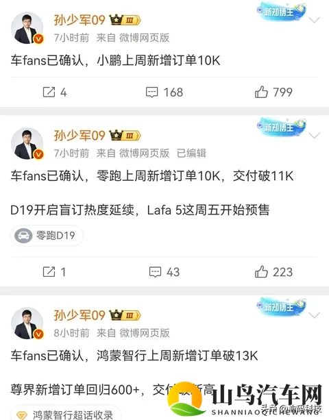 第44周新势力订单出炉：鸿蒙智行136万台，小鹏零跑集体破万-1